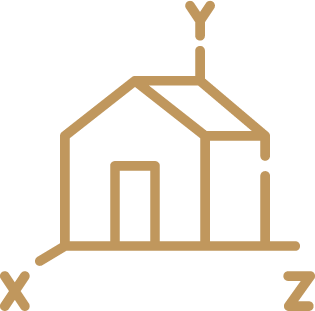 Pictogramme de bâtiment en 3D avec axes x, y et z exprimant l'étape d'AMO sélection MOE - La Serre - Conseil et programmation architecturale - Assistance à maîtrise d'ouvrage (AMO)