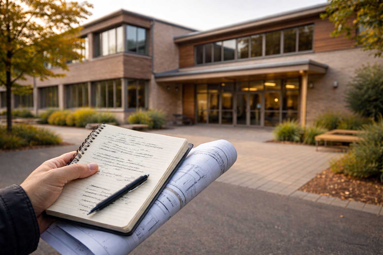 un carnet de prise de note et un plan d'architecture d'un bâtiment